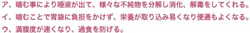 ア、噛む事により唾液が出て、様々な不純物を分解し消化、解毒をしてくれる。イ、噛むことで胃袋に負担をかけず、栄養が取り込み易くなり便通もよくなる。ウ、満腹度が速くなり、過食を防げる。