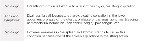 Pathology: Qi’s lifting function is lost due to a lack of healthy qi, resulting in qi falling.      Signs and symptoms: Dizziness, breathlessness, lethargy, bloating sensation in the lower abdomen, prolapse of the uterus, prolapse of the anus, abnormal bleeding, hematochezia, hematuria (non-febrile origin), pale tongue, etc.     Pathology: Extreme weakness in the spleen and stomach tends to cause this condition because one of the spleen’s qi actions is the lifting action.